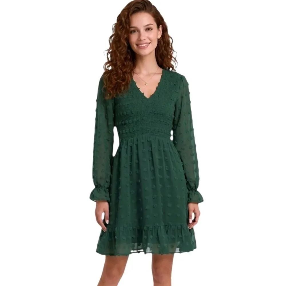 BTFBM Green Swiss Dot V-Neck Ruffle Flowy Babydoll Mini Dress Size M NWOT